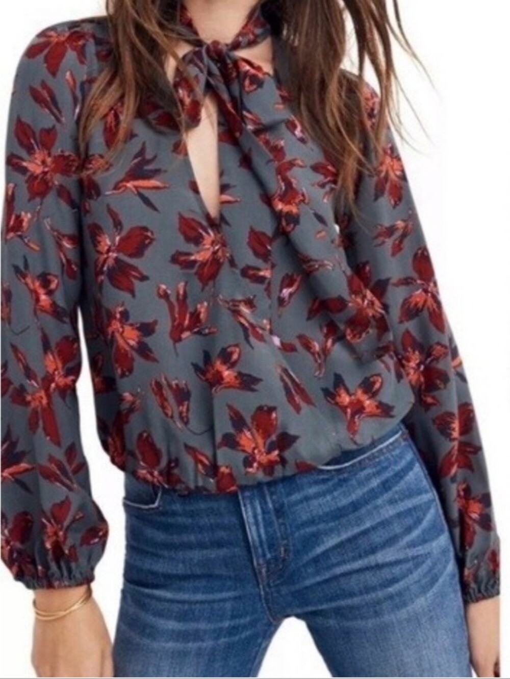 Madewell Teal Tie-Neck Blouse with Floral Motif